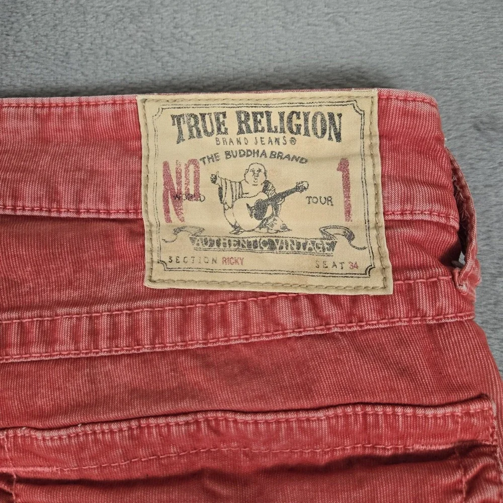 True Religion Ricky Relaxed Straight Jeans Mens 30x32 Flap Red Corduroy Y2K